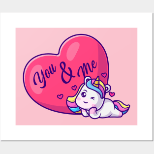 Cute Unicorn With Love Heart Cartoon Posters and Art